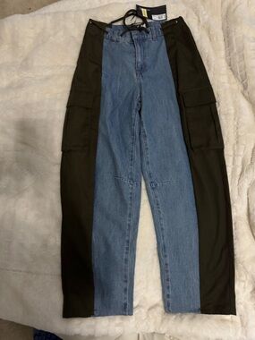 Two-Tone Blue Denim & Olive Wide-Leg Jeans